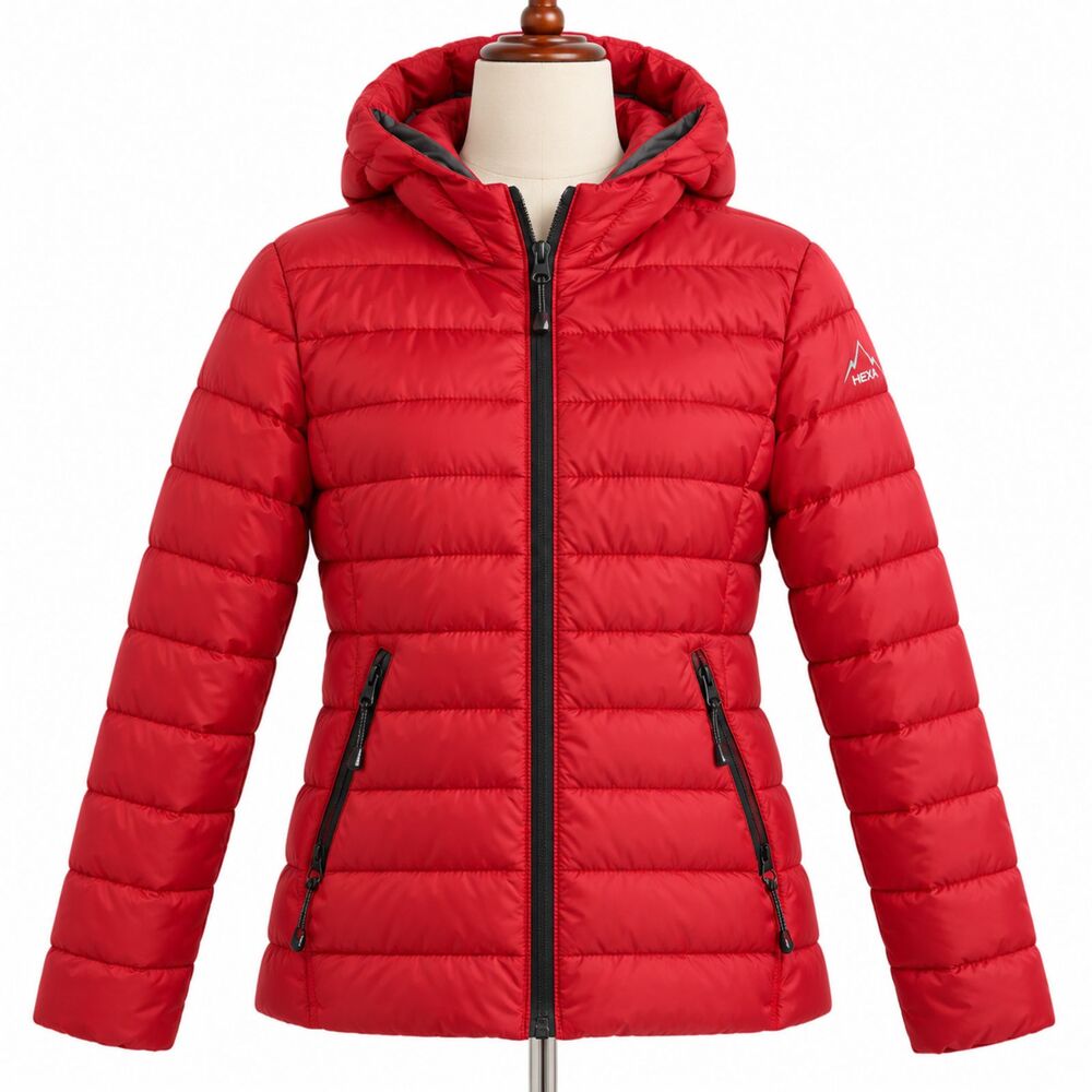 HFX Womens M Red Hooded Puffer Jacket Quilted Full Zip Lightweight Winter Coat